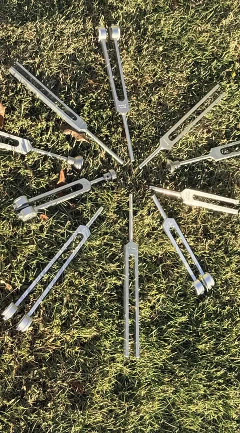 Silver tuning forks laid out in a circle on the grass